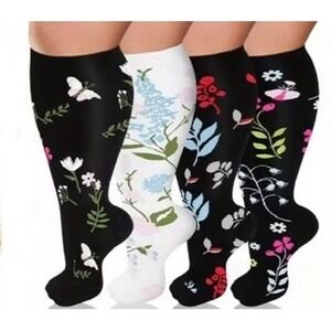 Unisex 20-30 mmHg Compression Socks 2XL Floral Knee High Medical Black 4 Pack